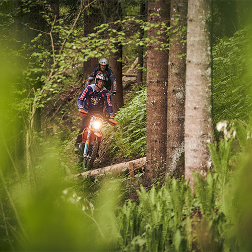 2 Männer fahren Enduro im Wald